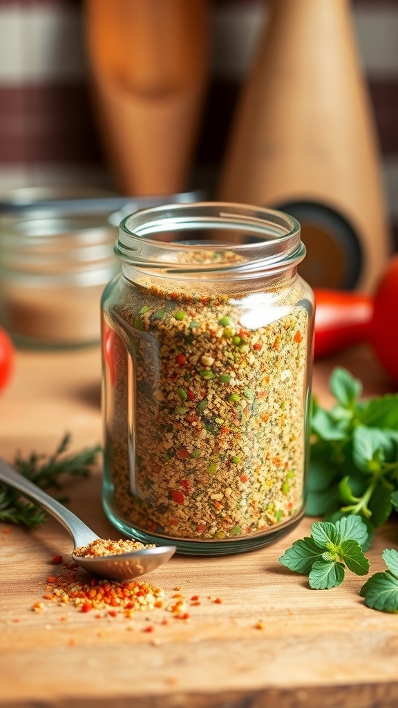 Homemade All-Purpose Seasoning Mix Recipe A jar of homemade all-purpose seasoning mix with herbs and spices on a wooden countertop.